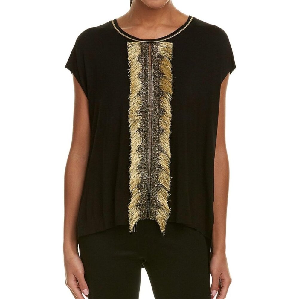 Elie Tahari Womens Annalise Black Gold Fringe Tee Blouse Short Sleeves size M